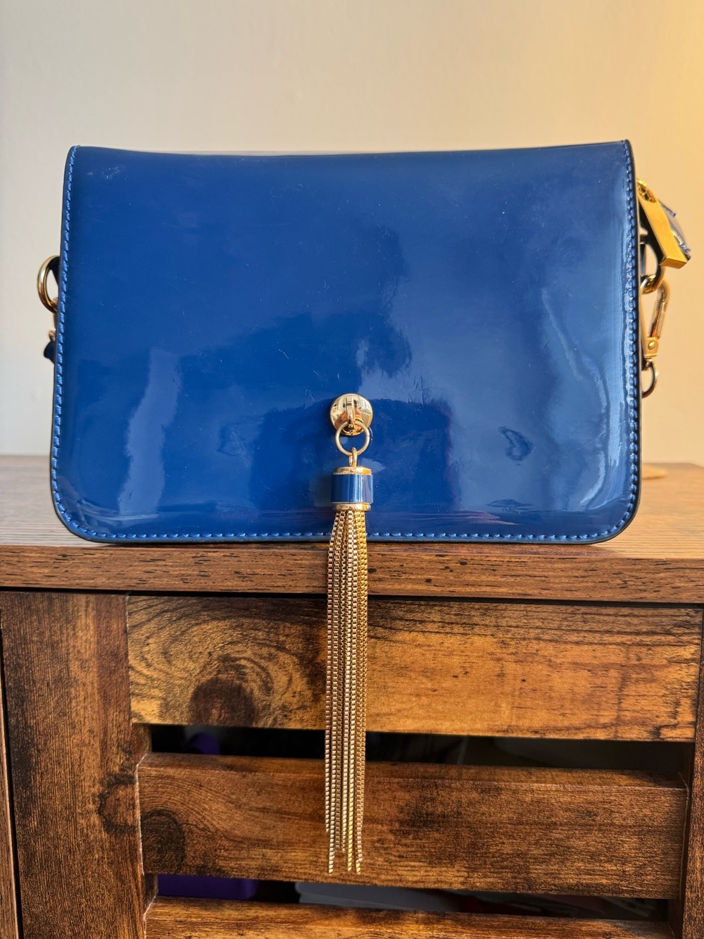 Patent Leather Tassel Crossbody Bag - Blue
